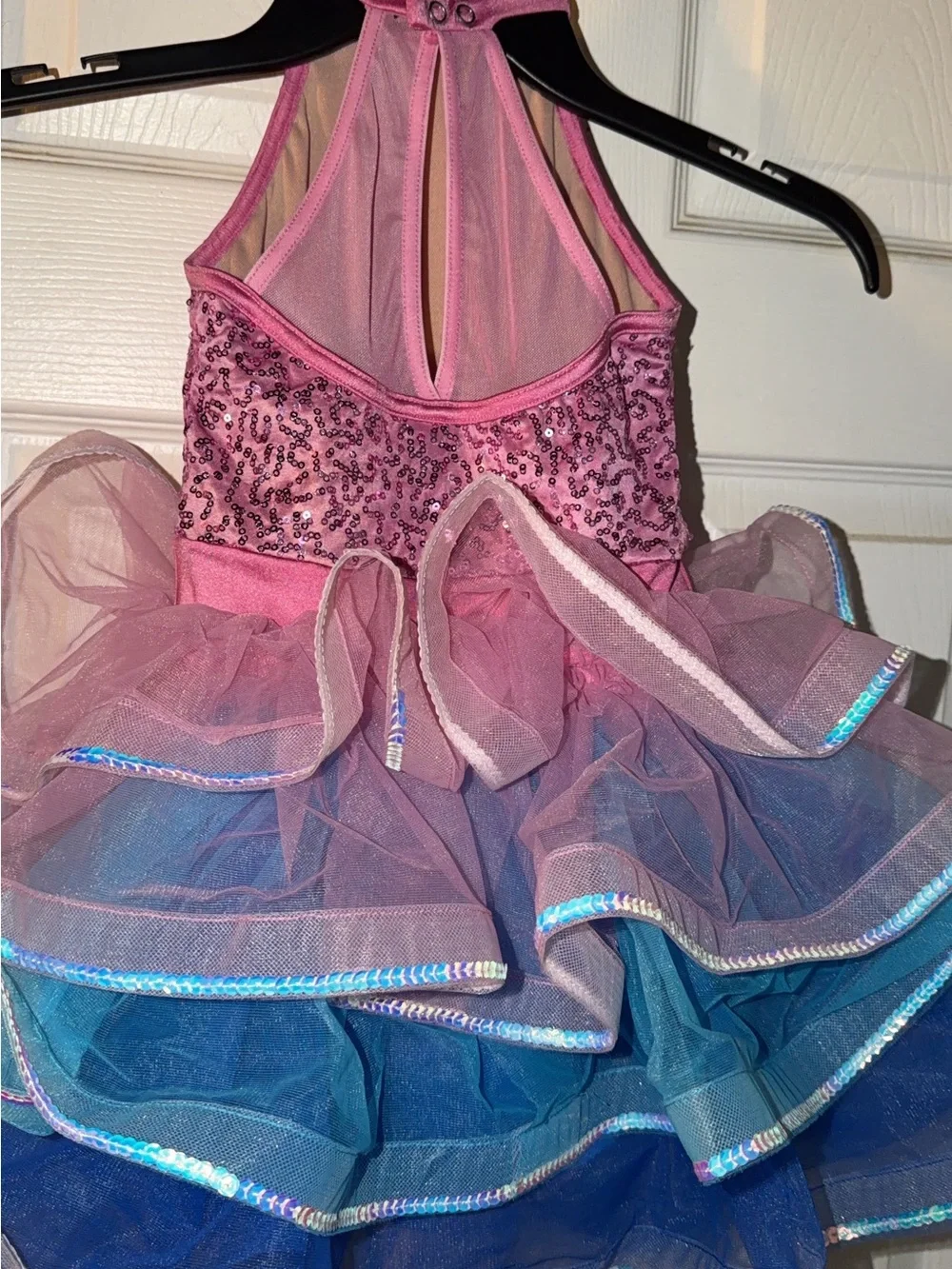 Weissman Pink Sequin Halter Tulle Dance Costume with Blue Layers